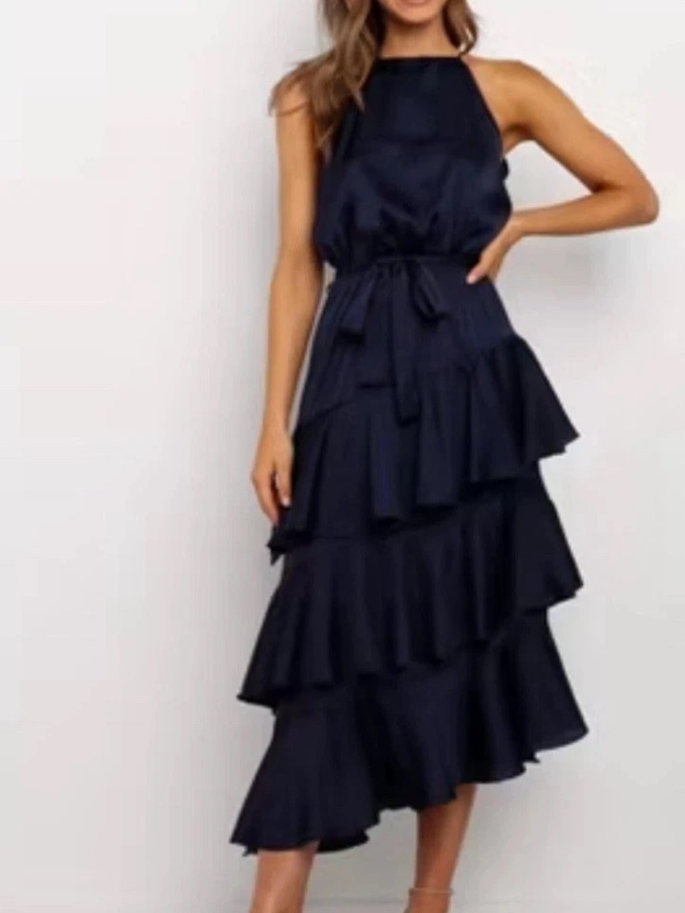 Petal & Pup Navy Tiered Ruffle Midi Dress navy prom or formal sz 2